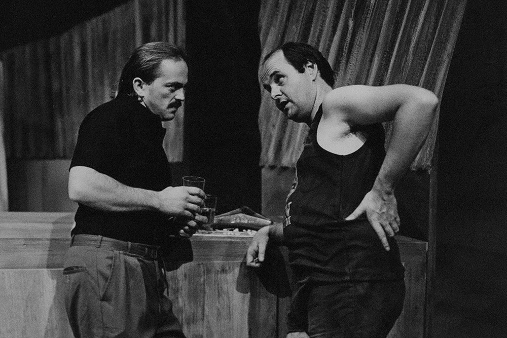 Production still for "The Hope". L-R: Jacek Koman as Boss, Ross Williams as Gavin. Photographer: Jeff Busby