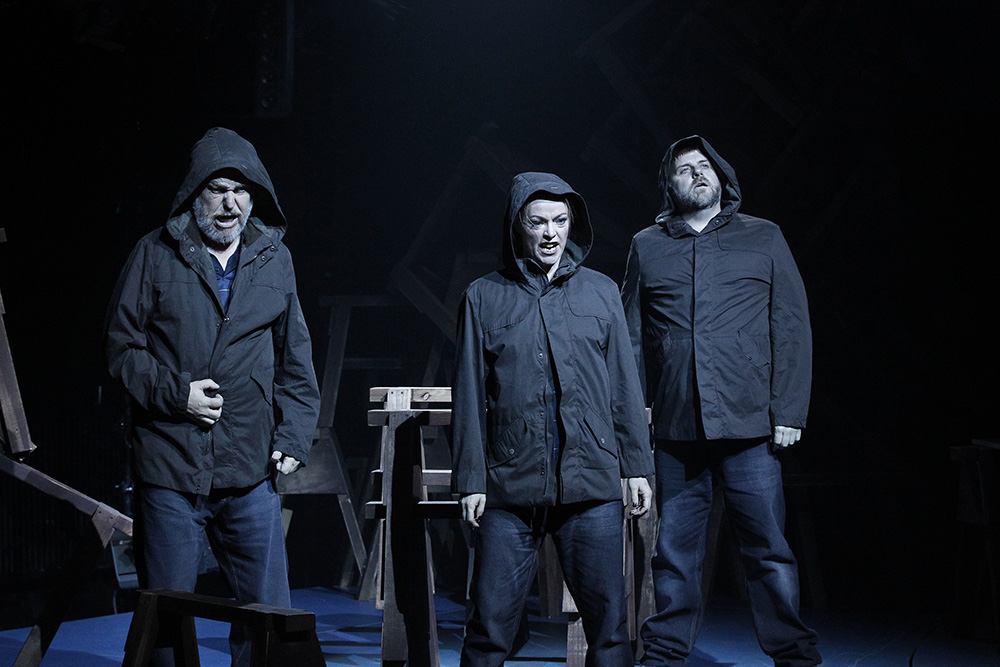 Production still for "The Riders". L-R: Jerzy Kozlowski, Dimity Shepherd, David Rogers-Smith. Photographer: Jeff Busby