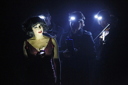 Production still for "Little Match Girl". L-R: Meow Meow, Iain Grandage, Xani Kolac. Photographer: Jeff Busby