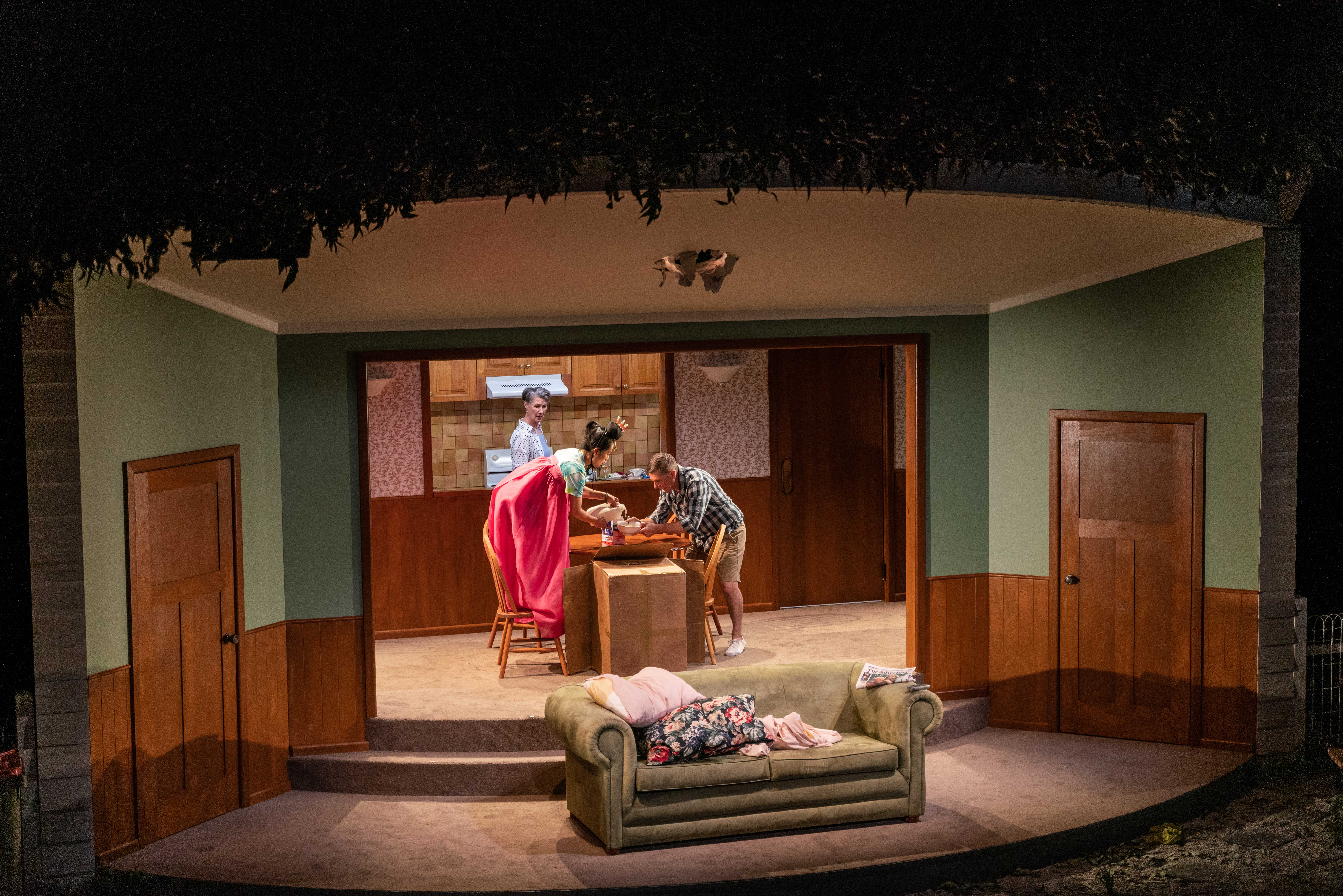 Production still for the 2022 Season of 'K-BOX'. L-R: Maude Davey, Susanna Qian, Syd Brisbane. Photographer: Phoebe Powell