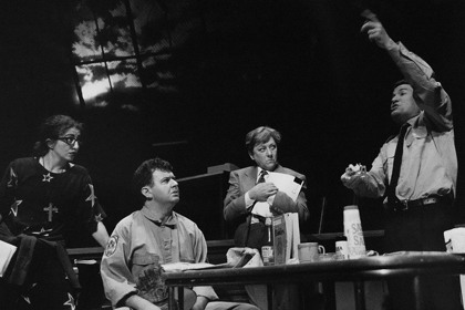 Production still for "Competitive Tenderness". L-R: Doris Younane, Francis Greenslade, Monica Maughan, Richard Piper. Photographer: Jeff Busby