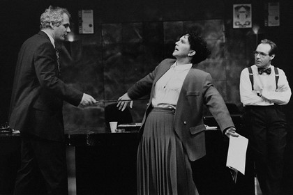 Production still for "The Adman". L-R: Shane Bourne as Col Anderson, Celia de Burgh as Tess McMahon, Ken James as Eric Stirling. Photographer: Jeff Busby