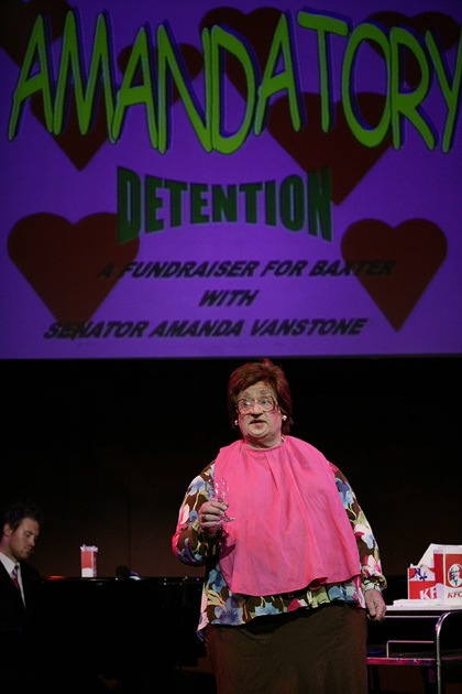 Production still for "The Big Con". L-R: Eddie Perfect, Max Gillies as Amanda Vanstone. Photographer: Lisa Tomasetti