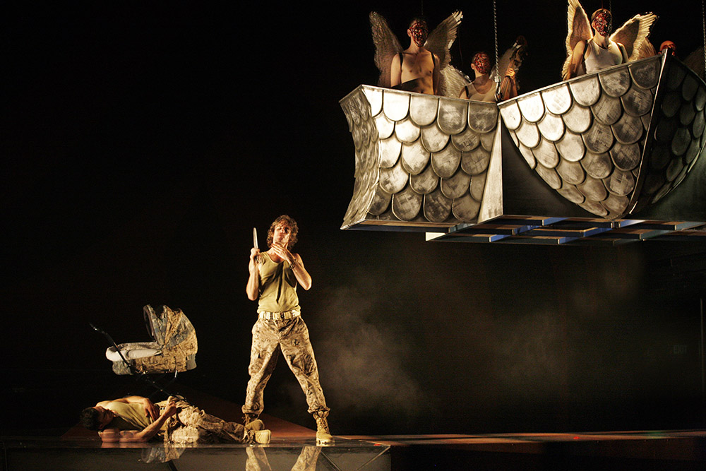 Production still for "Woyzeck". L-R: Socratis Otto, Tim Rogers, Hamish Michael, Dan Witton, Mitchell Butel, Merfyn Owen. Photographer: Jeff Busby