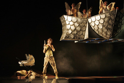 Production still for "Woyzeck". L-R: Socratis Otto, Tim Rogers, Hamish Michael, Dan Witton, Mitchell Butel, Merfyn Owen. Photographer: Jeff Busby