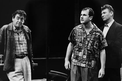 Production still for "The Piccadilly Bushman". L-R: Frank Gallacher as Mick O'Shea, Humphrey Bower as Stuart Allingham, John Walton as Alec Ritchie. Photographer: Jeff Busby