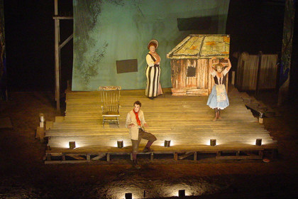 Production still for "Babes in the Wood" (2003). L-R: Eddie Perfect as Jack, Max Gillies as Aunty Avaricia, Diana Emry as Phyllis. Photographer: Anna Tregloan