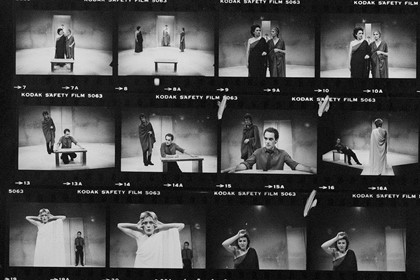Part of contact sheet from photo shoot for "Britannicus". L-R: (from top) Lindy Davies as Agrippina, Ian Scott as Burrus (rear), Rhonda Cressey as Albina, David Cameron as Narcissus, Robert Meldrum as Nero, Margaret Cameron as Junia. Photographer: Unknown