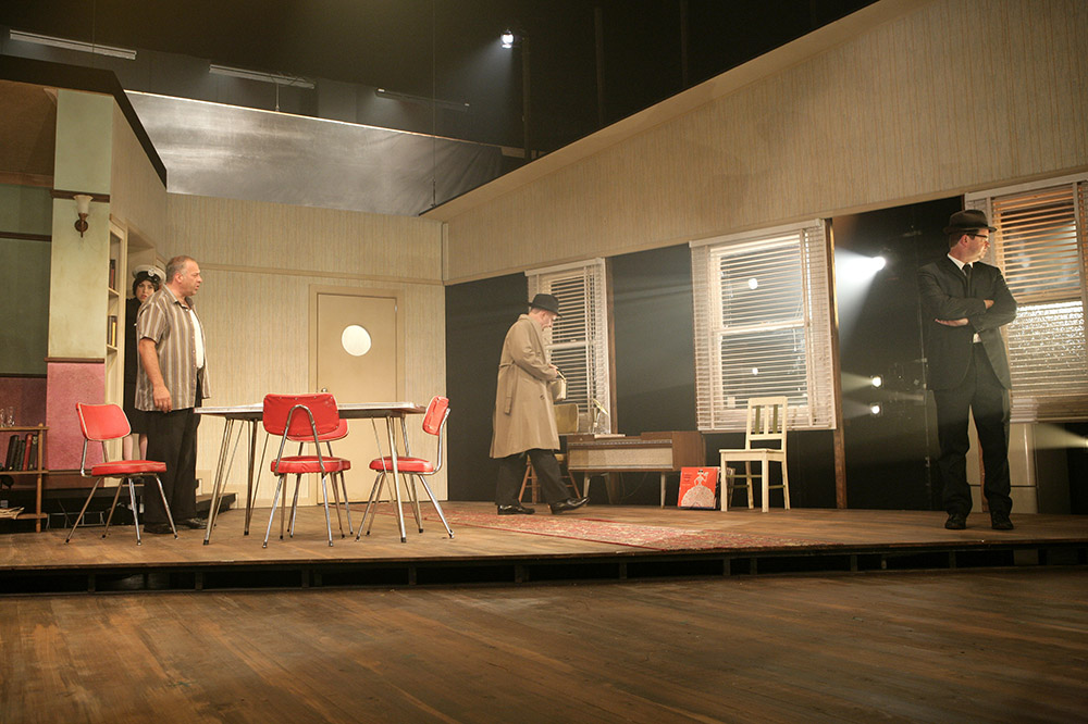 Production still for "The Spook". L-R: Alison Bell, Tony Nikolakopoulos, Denis Moore, Kevin Harrington. Photographer: Jeff Busby