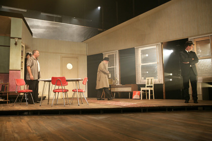 Production still for "The Spook". L-R: Alison Bell, Tony Nikolakopoulos, Denis Moore, Kevin Harrington. Photographer: Jeff Busby