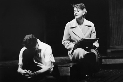 Production still for the 1996 tour of "Good Works". L-R: Paul English, Maggie Dence. Photographer: David Wilson