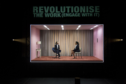 Production still for "Revolt. She Said. Revolt Again." L-R; Belinda McClory, Elizabeth Esguerra. Photographer: Pia Johnson