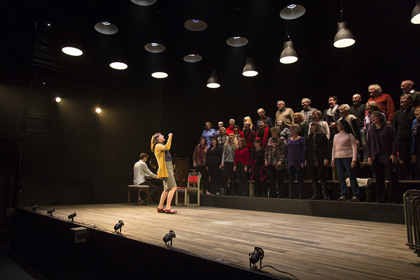 Production still for "The Events". L-R (front): Luke Byrne (pianist), Catherine McClements as Claire. Photographer: Pia Johnson