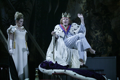 Production still for "Exit the King". L-R: Rebecca Massey, Geoffrey Rush. Photographer: Lisa Tomasetti