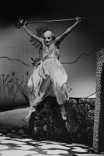 Production still for "The Bacchae". Warwick Comber as Dionysus. Photographer: Jeff Busby