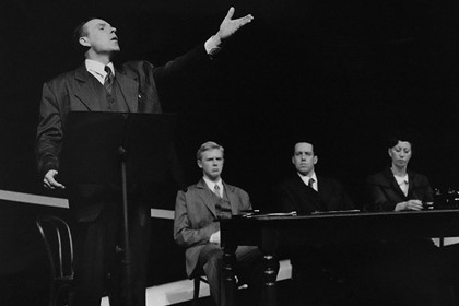 Production still for "Pacific Union". L-R: Robert Morgan as Frank Forde, Simon Wilton as T.V. Soong, Marco Chiappi as Alger Hiss, Jan Friedl as Virginia C. Gildersleeve. Photographer: Jeff Busby