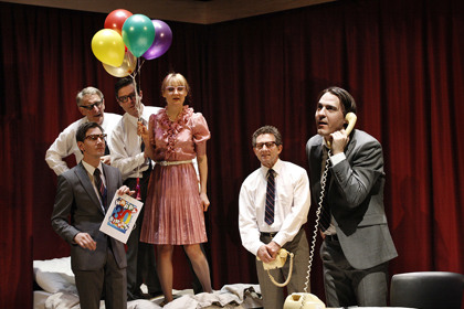 Production still for "The Trial". L-R: Hamish Michael (front), John Gaden, Peter Houghton, Rita Kalnejais, Igor Sas, Ewen Leslie. Photographer: Jeff Busby