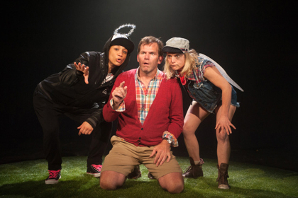 Production still for "normal.suburban.planetary.meltdown". L to R: Naomi Rukavina, Jim Russell, Nicci Wilks. Photographer: Sarah Walker