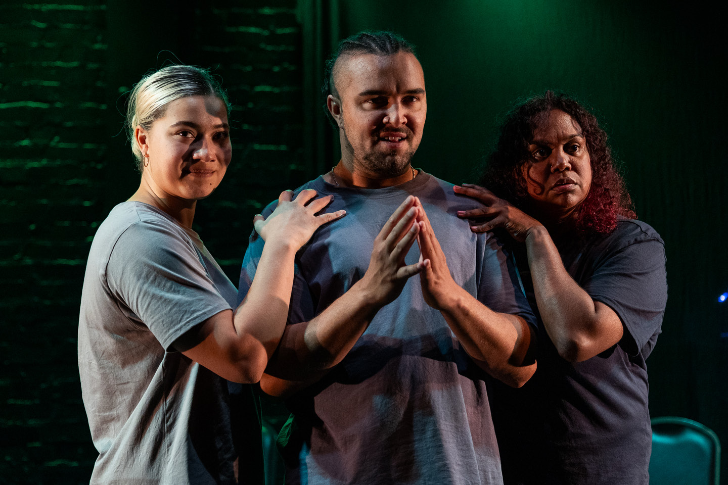 Production still for the 2023 Season of 'Whose Gonna Love 'Em? I am that i AM' In Photo: Maggie Church-Kopp, Corey Saylor-Brunskill, Maurial Spearim. Photographer: Jacinta Keefe