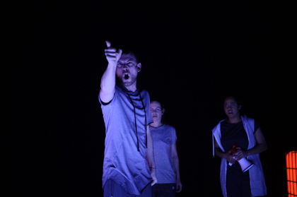 Production still for "Turbine". L to R: Paul Ashcroft, Jodie Le Vesconte, Elizabeth Esguerra. Photographer: Sarah Walker