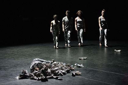 Production still for "Human Interest Story". L-R: Alisdair Macindoe (lying), Jessica Wong, Stuart Shugg, Talitha Maslin, Stephanie Lake. Photographer: Jeff Busby