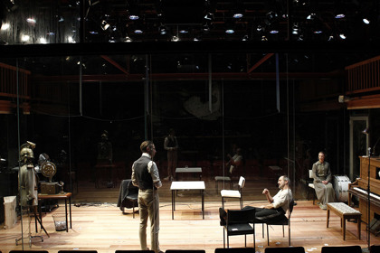 Production still for "Dance of Death". L-R: David Paterson as Kurt, Jacek Koman as Edgar, Belinda McClory as Alice. Photographer: Jeff Busby