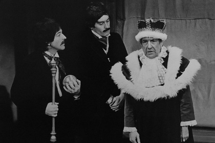 Production still for "The Virgin: Miracles for Christmas". L-R: Bill Connolly, Peter Ford, Michael Duffield. Photographer: Jeff Busby