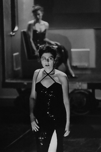 Production still for "The Black Sequin Dress". L-R: Margaret Mills, Mary Sitarenos. Photographer: Jeff Busby