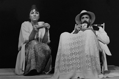 Production still for "Upside Down at the Bottom of the World". L-R: Lindy Davies as Frieda, Carrillo Gantner as Lawrence. Photographer: Jeff Busby