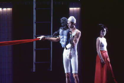 Production still from "Love Suicides". L-R: John Hunt, Yumi Umiumare. Photographer: Unknown