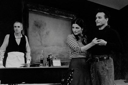 Production still for "Picasso at the Lapin Agile". L-R: Shane Bourne as Freddy, Jane Borghesi as Suzanne, Jeremy Sims as Picasso. Photographer: Jeff Busby