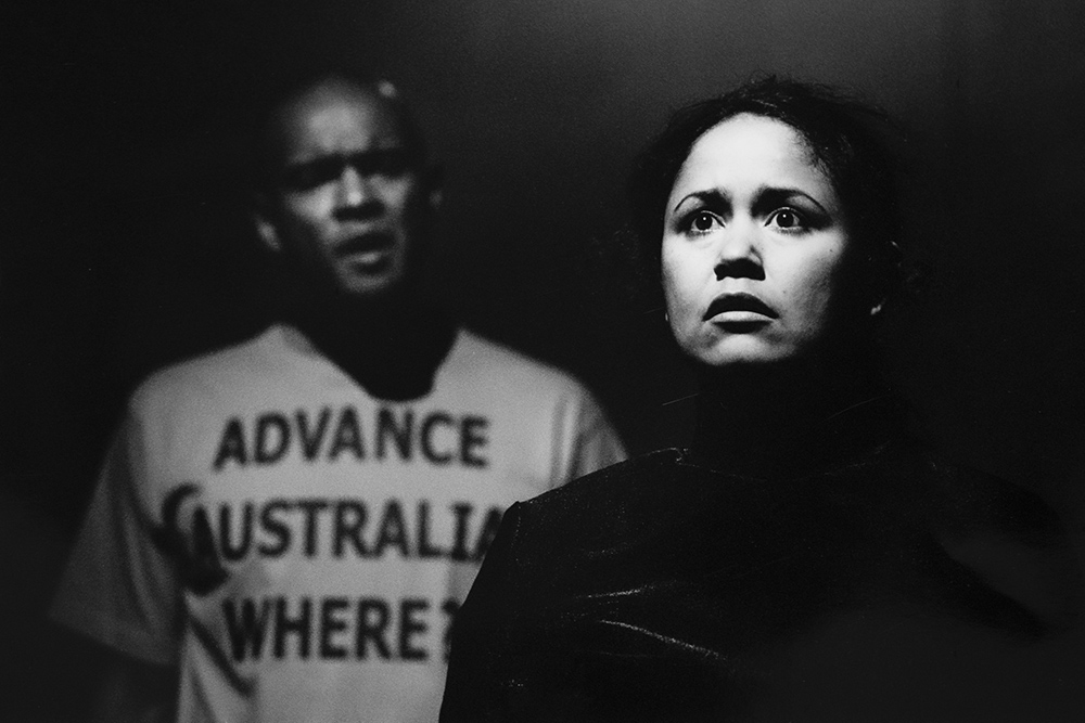 Production still for "Crow Fire". L-R: Tony Briggs as Jungi, Melodie Reynolds As Dayna. Photographer: Rachelle Roberts