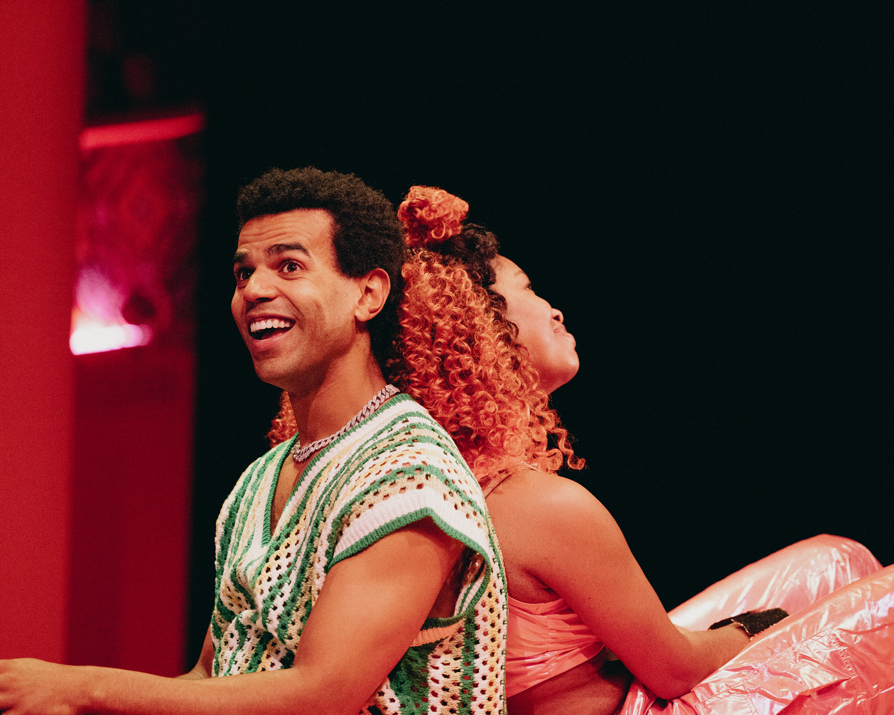 Production Photography from WHO NO KNO GO KNO (2024). Photographer: Wani Toaishara. In photograph: Tane Williams Accra & Masego Pitso