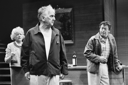 Production still for "The Piccadilly Bushman". L-R: Monica Maughan as Grace Bourne, Terry Norris as Lew Leggat, Frank Gallacher as Mick O'Shea. Photographer: Jeff Busby