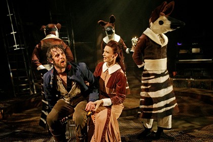 Production still for "The Odyssey". L-R: Stephen Phillips, Margaret Mills. Photographer: Jeff Busby