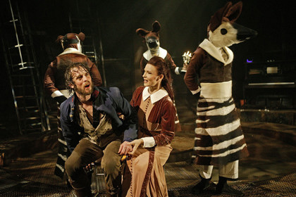 Production still for "The Odyssey". L-R: Stephen Phillips, Margaret Mills. Photographer: Jeff Busby