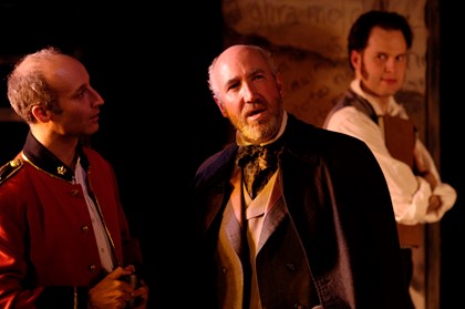 Production still for Adelaide production of "Translations". L-R: Stephen Sheehan as Yolland, Andrew Martin as Hugh, William Allert as Owen. Photographer: Nick Hopton