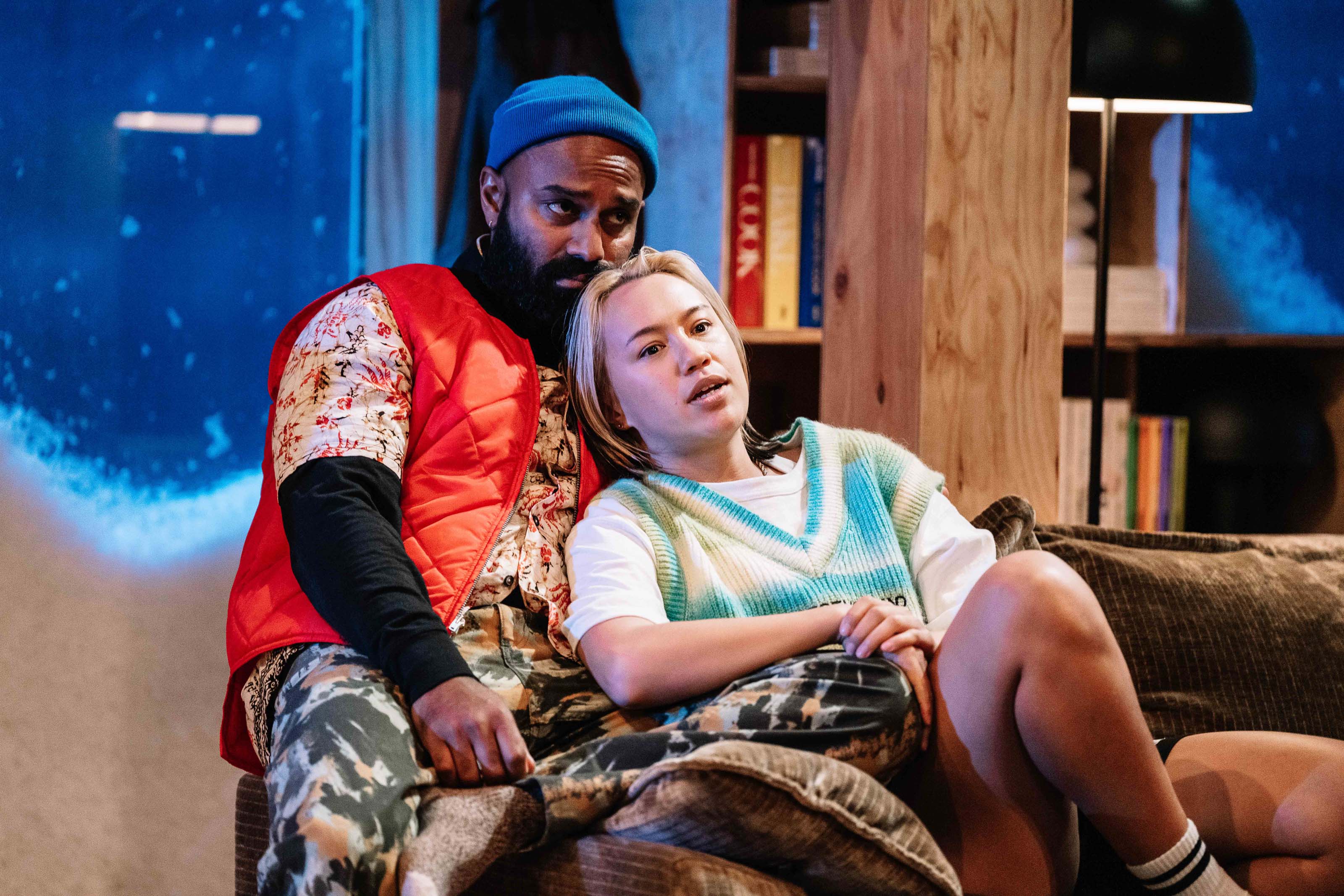 Production still for the 2022 Season of 'Stay Woke'. L-R: Dushan Philips, Brooke Lee. Photographer: Phoebe Powell