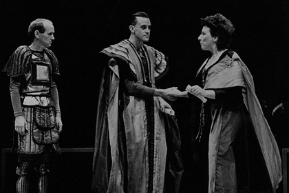 Production still for "Hamlet". L-R: John Francis, Mark Minchinton, Lindy Davies as Gertrude. Photographer: David B. Simmonds