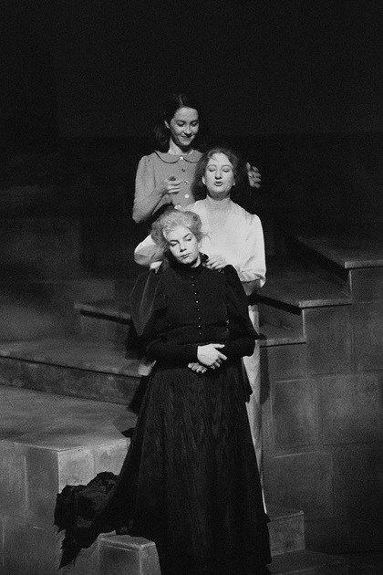 Production still for "The Passion and its Deep Connection with Lemon Delicious Pudding". Top to Bottom: Sancia Robinson, Anne Byron, Meredith Rogers. Photographer: Unknown