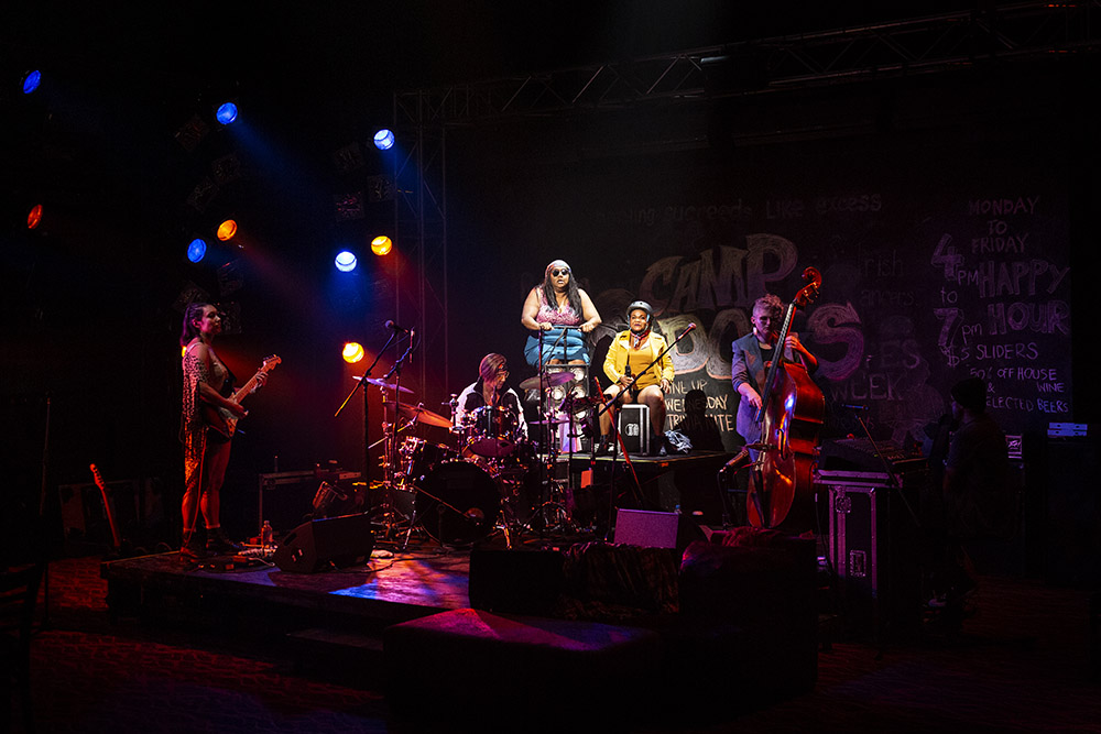 Production still for "Barbara and the Camp Dogs". L-R: Sorcha Albuquerque, Michelle Vincent, Elaine Crombie, Ursula Yovich, Jessica Dunn. Photographer: Pia Johnson