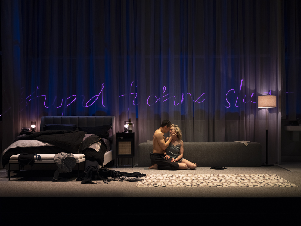 Production still for the 2022 Season of 'Anna K'. L-R: Callan Colley, Caroline Craig. Photographer: Pia Johnson