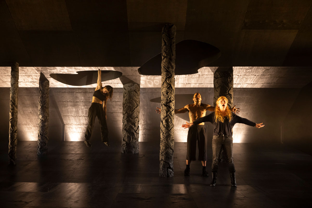 Production still for the 2022 Season of 'Monsters'. L-R: Josie Weise, Kimball Wong, Alison Whyte. Photographer: Pia Johnson