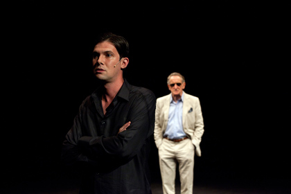 Production still for "The Wild Duck". L-R: Toby Schmitz as Gregers, John Gaden as Werle. Photographer: Pia Johnson