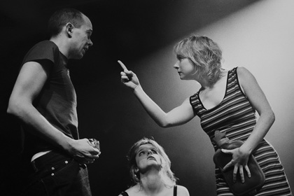 Production still for "Baby X". L-R: James Wardlaw as Adam, Fiona Todd as Georgie, Mandy McElhinney as Evelyn. Photographer: Jeff Busby
