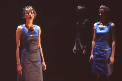 Production still for "Still Angela". L-R: Lucy Taylor, Simon Wilton (rear), Margaret Mills. Photographer: Jeff Busby