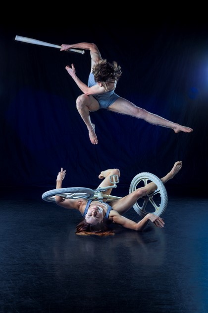 Production still for previous Adelaide production of "Skeleton". Tobiah Booth-Remmers (top), Lisa Griffiths. Photographer: Chris Herzfeld