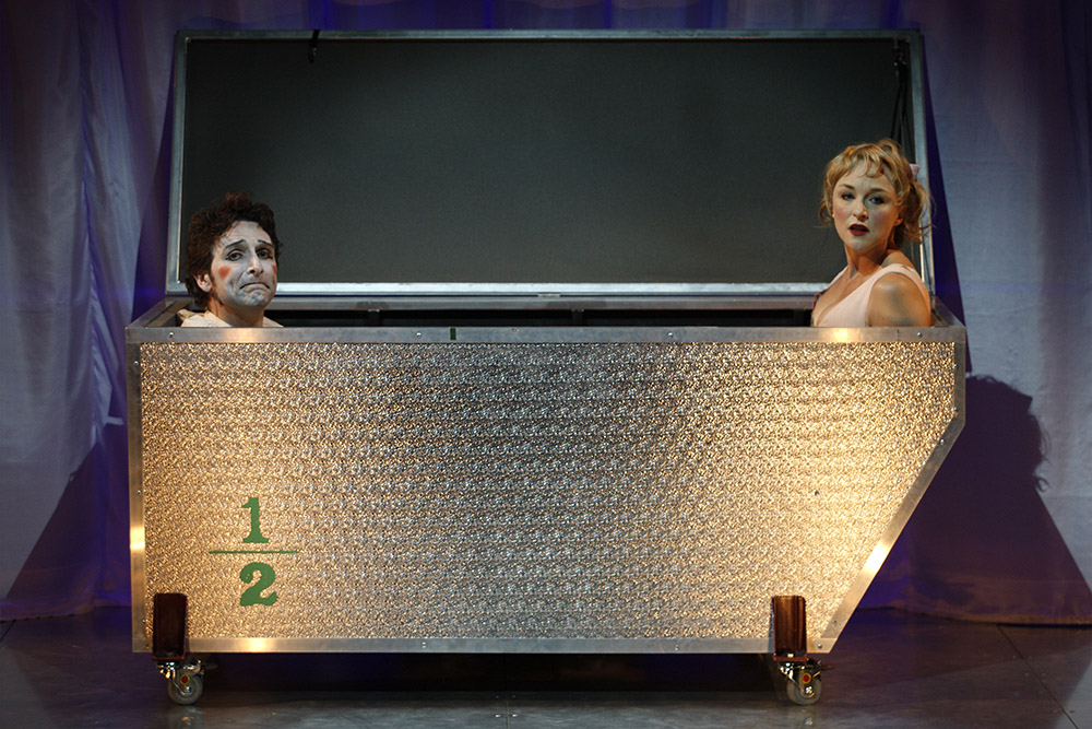 Production still for "Optimism". L-R: Frank Woodley, Caroline Craig. Photographer: Jeff Busby