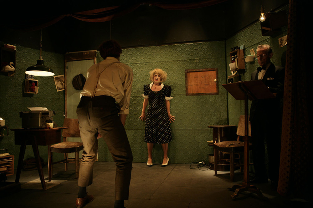 Production still from "The Black Swan of Trespass". L-R: Christopher Brown, Jaclyn Bassanelli. Photographer: Jeff Busby