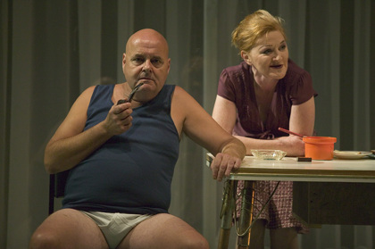 Production still for "The Ham Funeral". L-R: Ross Williams, Julie Forsyth. Photographer: Lisa Tomasetti